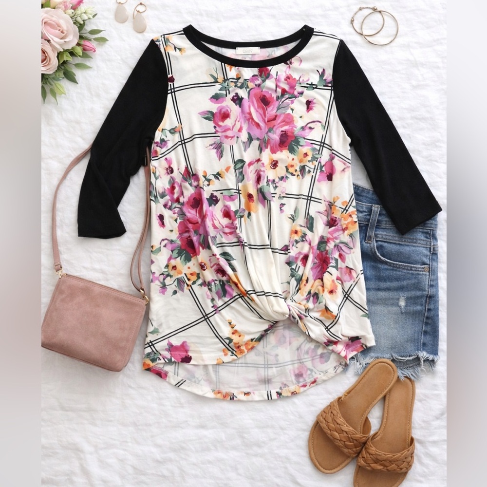 Oddy Floral Twist Front Top | 3/4 Sleeve High Low Blouse